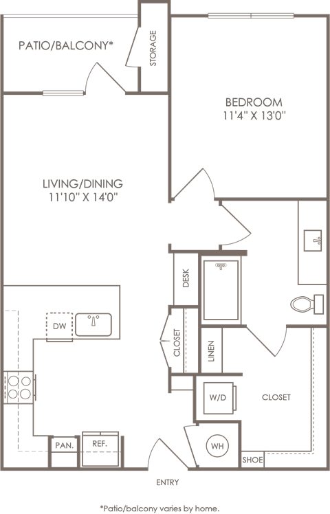 Floor plan for 1 bed, 1 bath, 772 sqft